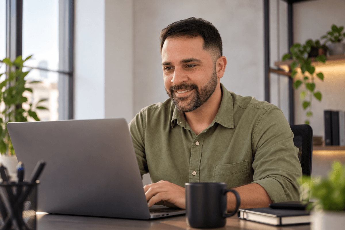 Juliano sorrindo enquanto trabalha no notebook, escritório claro